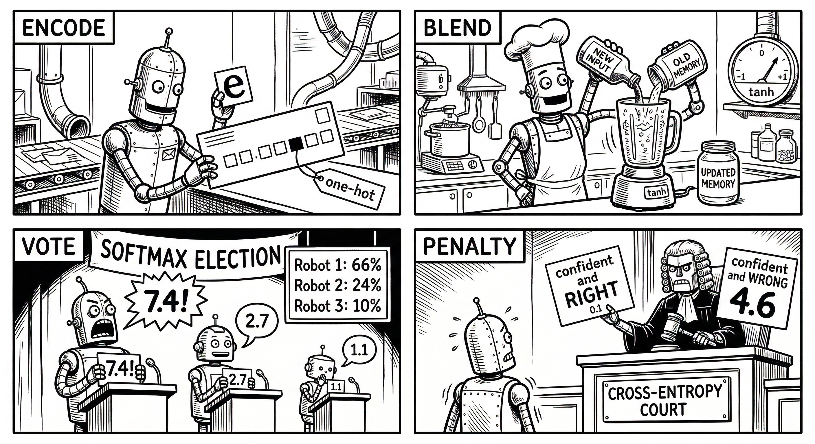 Four-panel comic: 'Encode' shows a robot stamping a one-hot card for the letter 'e'; 'Blend' shows a robot chef mixing 'new input' and 'old memory' in a tanh blender to produce 'updated memory'; 'Vote' shows a softmax election where robots shout scores 7.4, 2.7, 1.1 yielding 66%, 24%, 10%; 'Penalty' shows cross-entropy court where a robot judge contrasts a tiny 0.1 fine for 'confident and right' vs a huge 4.6 fine for 'confident and wrong'