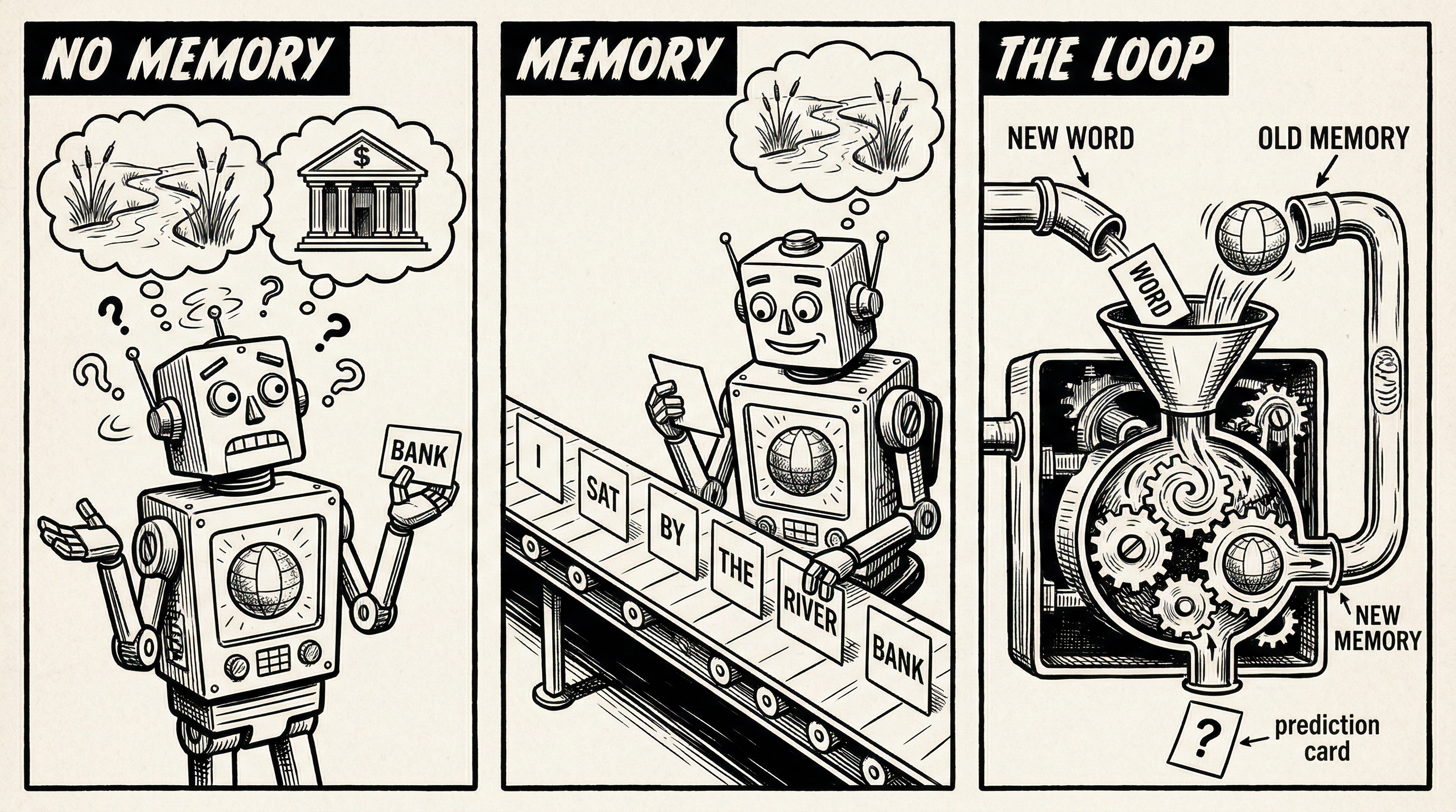 Three-panel comic: 'No Memory' shows a confused robot holding 'BANK' with competing thought bubbles (river vs building); 'Memory' shows a robot on a conveyor belt reading 'I SAT BY THE RIVER BANK' with only the river thought bubble; 'The Loop' shows the core RNN mechanism with new word and old memory feeding into gears to produce new memory and a prediction card