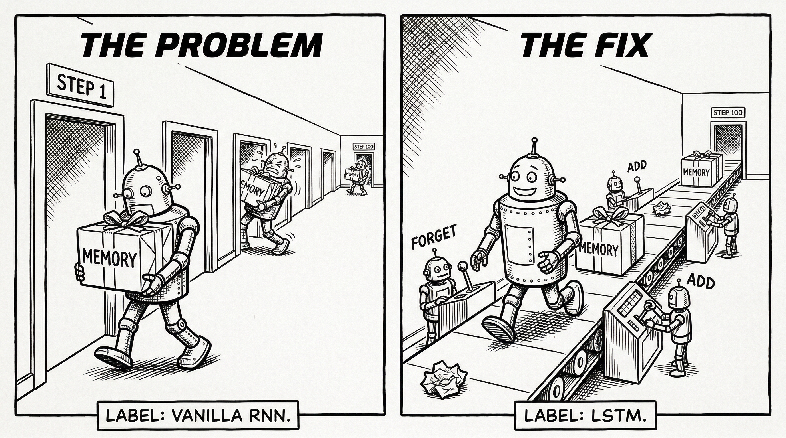 Two-panel comic: 'The Problem' shows a robot carrying a 'MEMORY' package through shrinking doors from Step 1 to Step 100, getting smaller at each door (Vanilla RNN); 'The Fix' shows a robot with the same package on a conveyor belt, with small workers labeled 'FORGET' and 'ADD' managing items on the belt (LSTM)