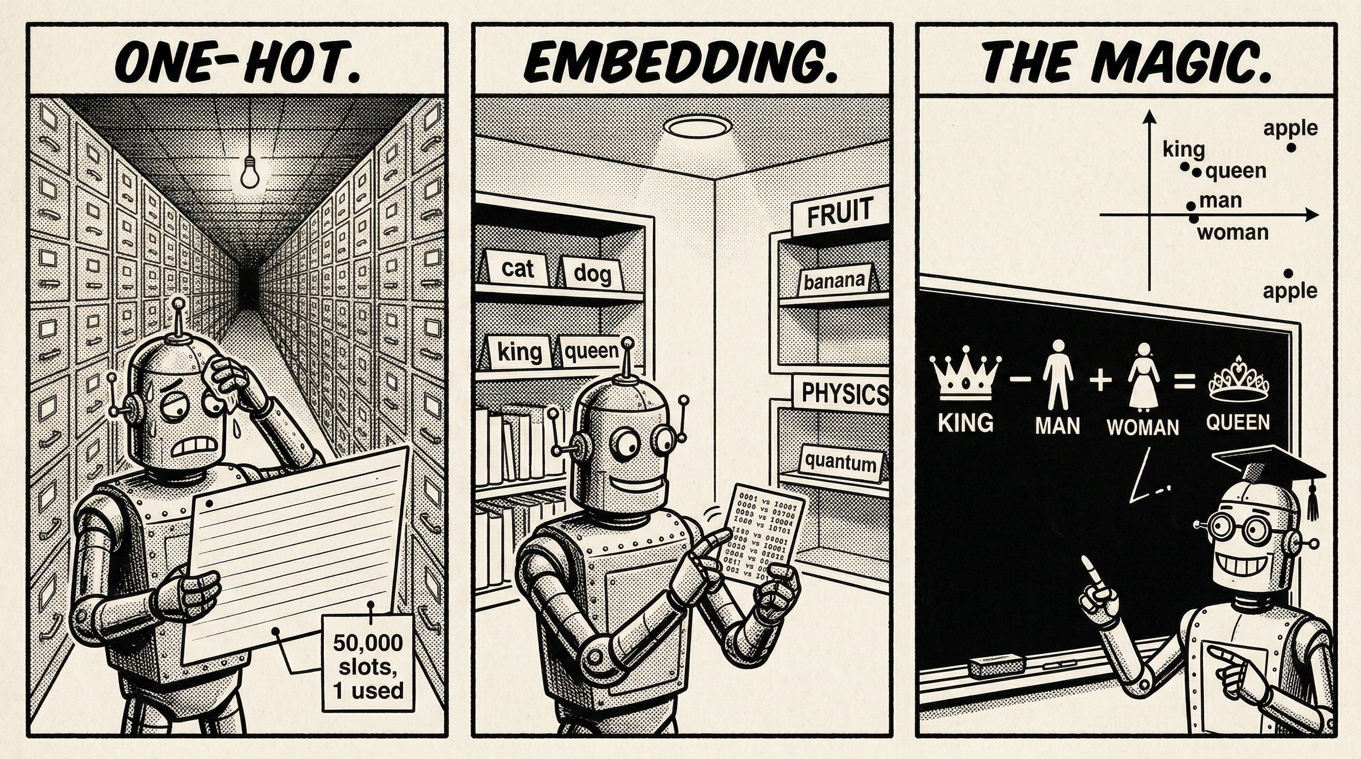 Three-panel comic: one-hot vectors waste most slots, embeddings store compact learned vectors, and related words can become close in vector space