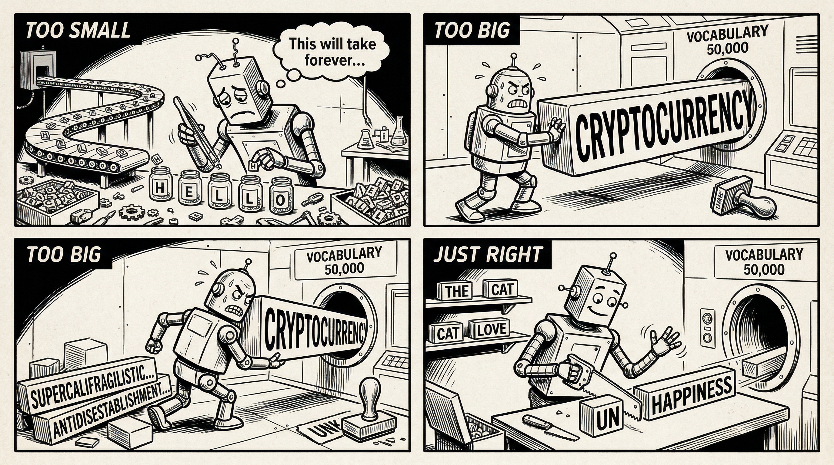 Four-panel comic showing the tokenization trade-off: 'Too Small' (a robot tediously sorting individual letters), 'Too Big' (a robot struggling to stuff 'CRYPTOCURRENCY' through a vocabulary door), and 'Just Right' (a robot neatly slicing 'UNHAPPINESS' into 'UN' and 'HAPPINESS')
