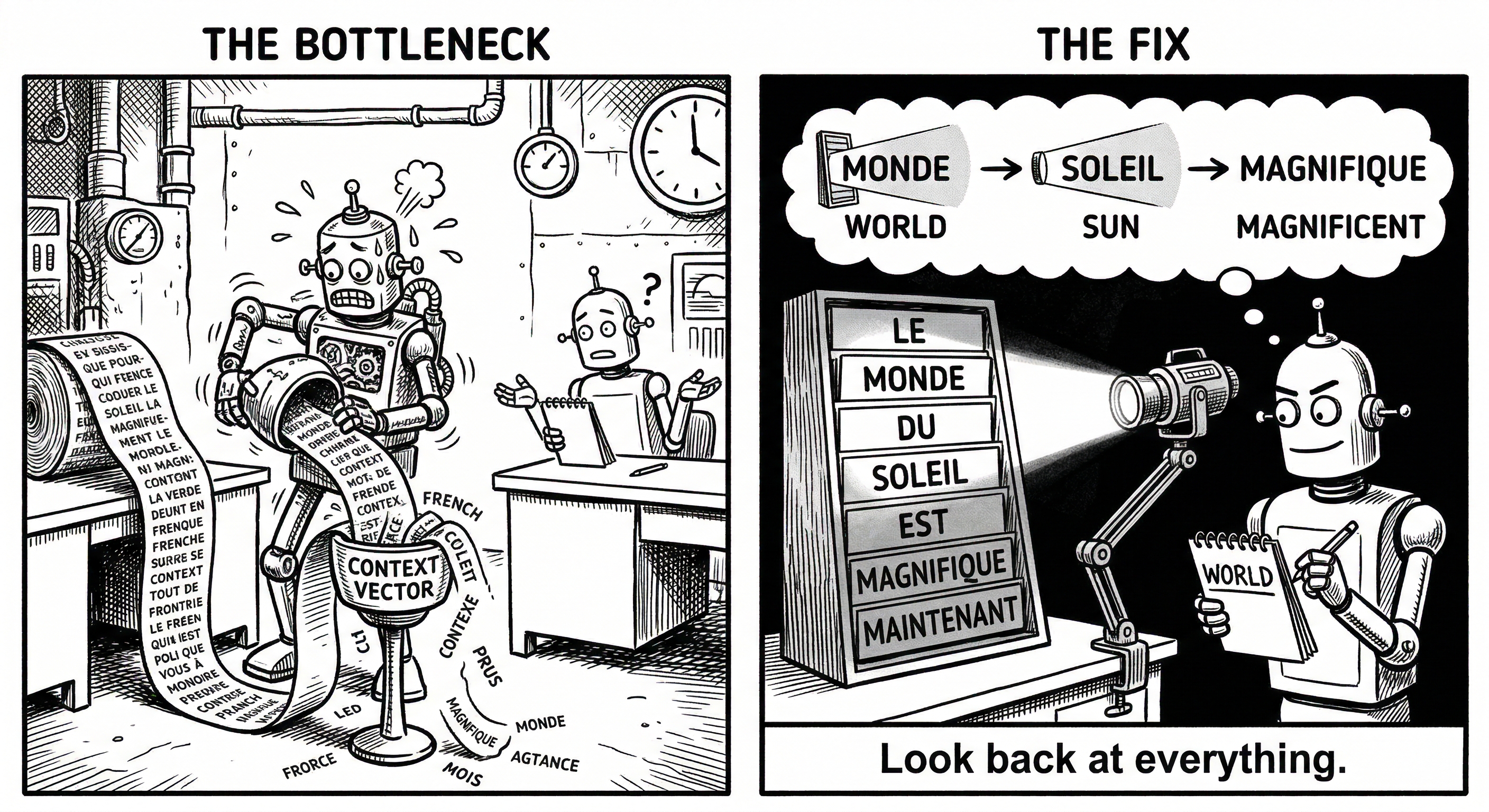 Two-panel comic: 'The Bottleneck' shows a robot cramming a long French text scroll into a tiny 'Context Vector' capsule while words spill everywhere; 'The Fix' shows a robot with a spotlight aimed at 'MONDE' on a rack of French words while translating 'WORLD', with caption 'Look back at everything'