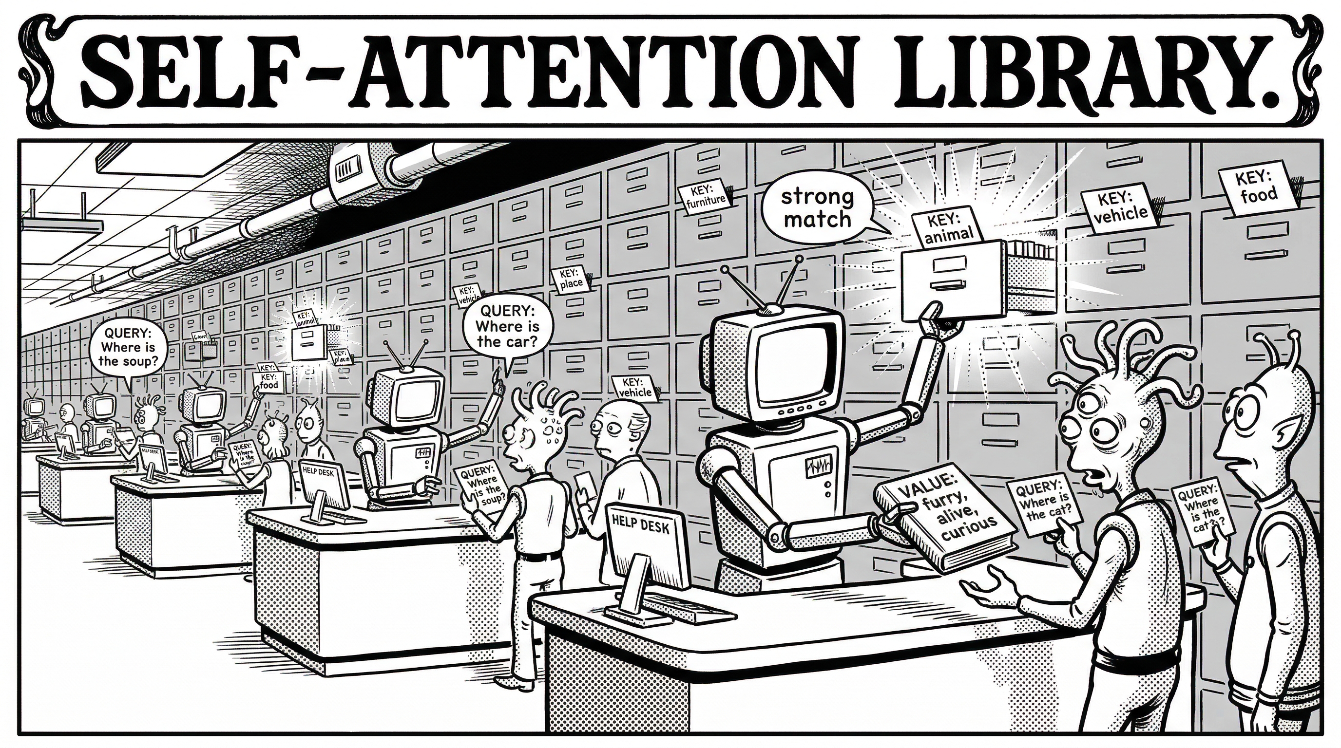 Comic showing a 'Self-Attention Library' where aliens hold query cards like 'Where is the cat?' and a robot librarian matches them against key drawers labeled 'animal', 'furniture', 'vehicle'. The 'animal' key glows as a strong match, and the librarian hands over a value book labeled 'furry, alive, curious'. Multiple visitors search simultaneously in the background.