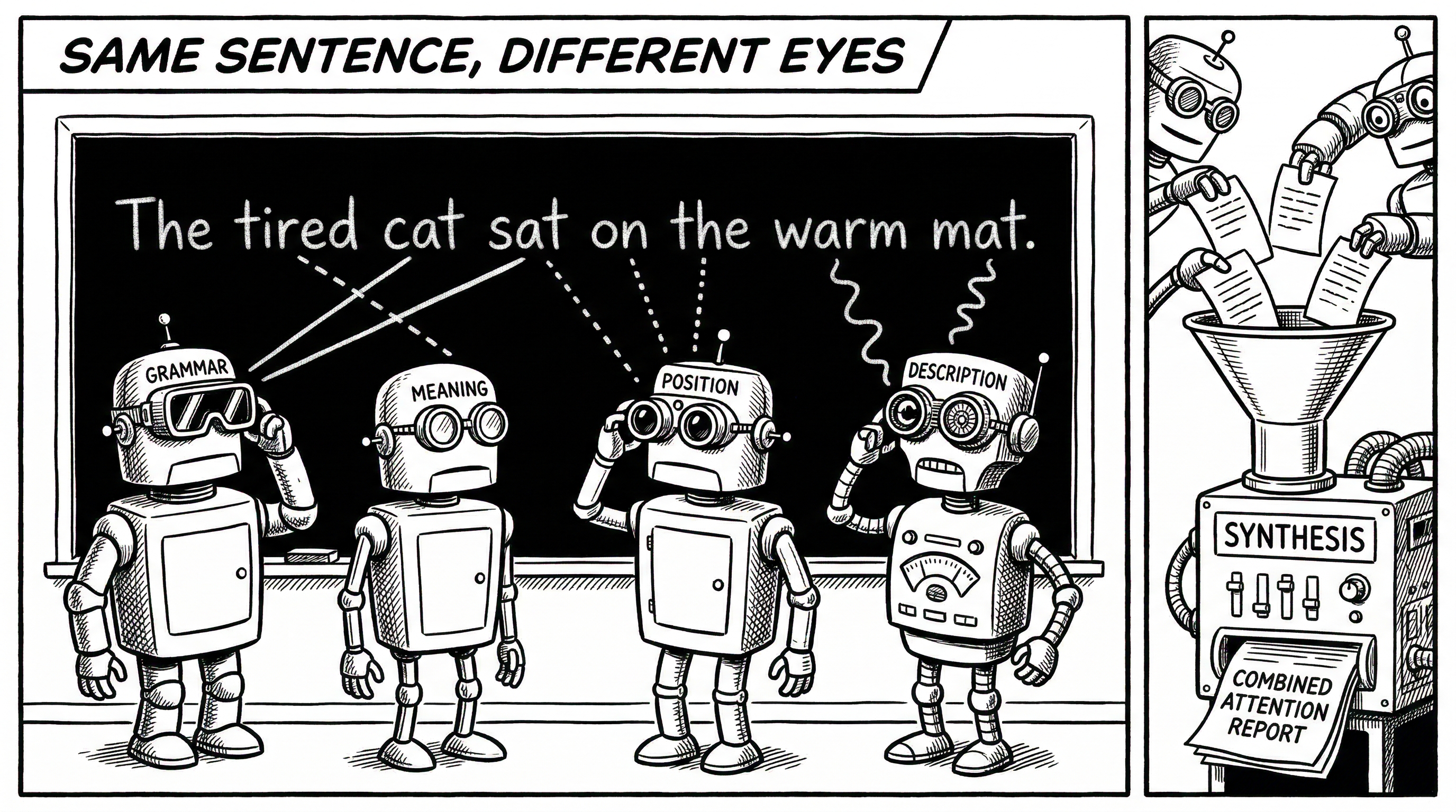 Comic titled 'Same Sentence, Different Eyes' showing four robots with different goggles (Grammar, Meaning, Position, Description) each seeing different connection lines in the sentence 'The tired cat sat on the warm mat.' Their notes feed into a synthesis funnel producing a 'Combined Attention Report'