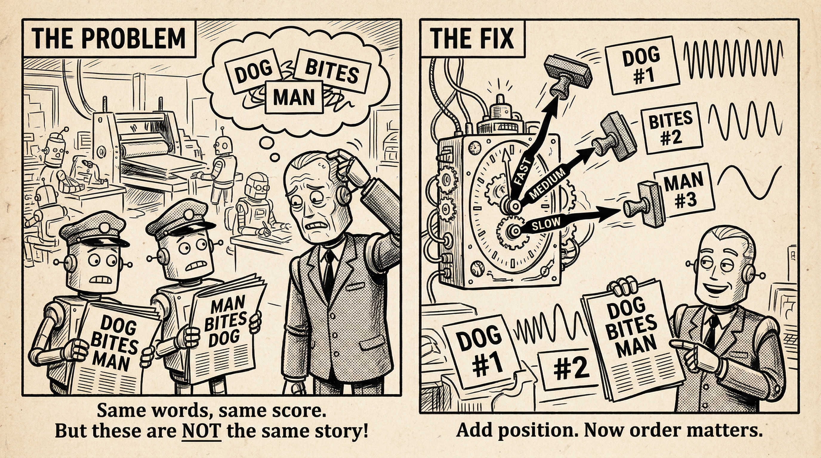 Two-panel comic: 'The Problem' shows two robot newsboys with 'DOG BITES MAN' and 'MAN BITES DOG' headlines while a confused editor sees the same jumbled words; 'The Fix' shows a clock machine with fast/medium/slow hands stamping unique wave patterns onto word cards numbered #1, #2, #3, so order now matters