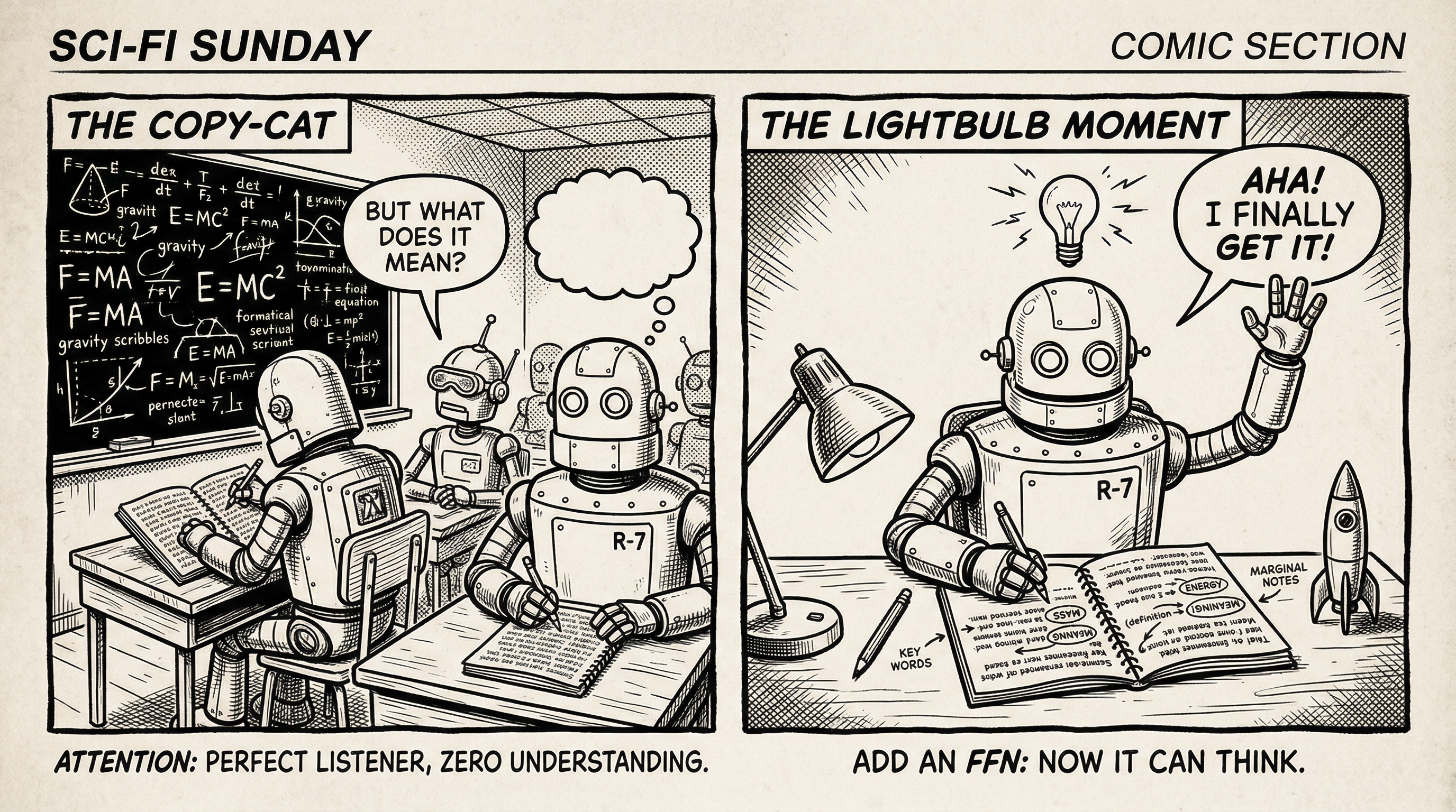 Two-panel sci-fi comic: Panel 1 'The Copy-Cat' shows robot R-7 copying from a blackboard, thinking 'But what does it mean?' Caption: Attention: perfect listener, zero understanding. Panel 2 'The Lightbulb Moment' shows R-7 studying a notebook with annotations, exclaiming 'Aha! I finally get it!' Caption: Add an FFN: now it can think.