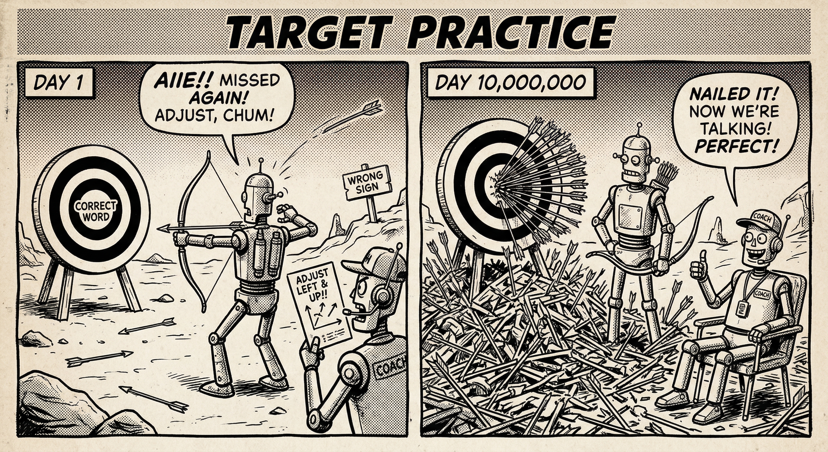 Two-panel comic titled 'Target Practice': 'Day 1' shows a robot archer missing the bullseye target labeled 'Correct Word', with the coach yelling 'Missed again! Adjust!'; 'Day 10,000,000' shows the same target packed with arrows hitting dead center, a mountain of missed arrows on the ground, and the coach giving a thumbs up saying 'Perfect!'