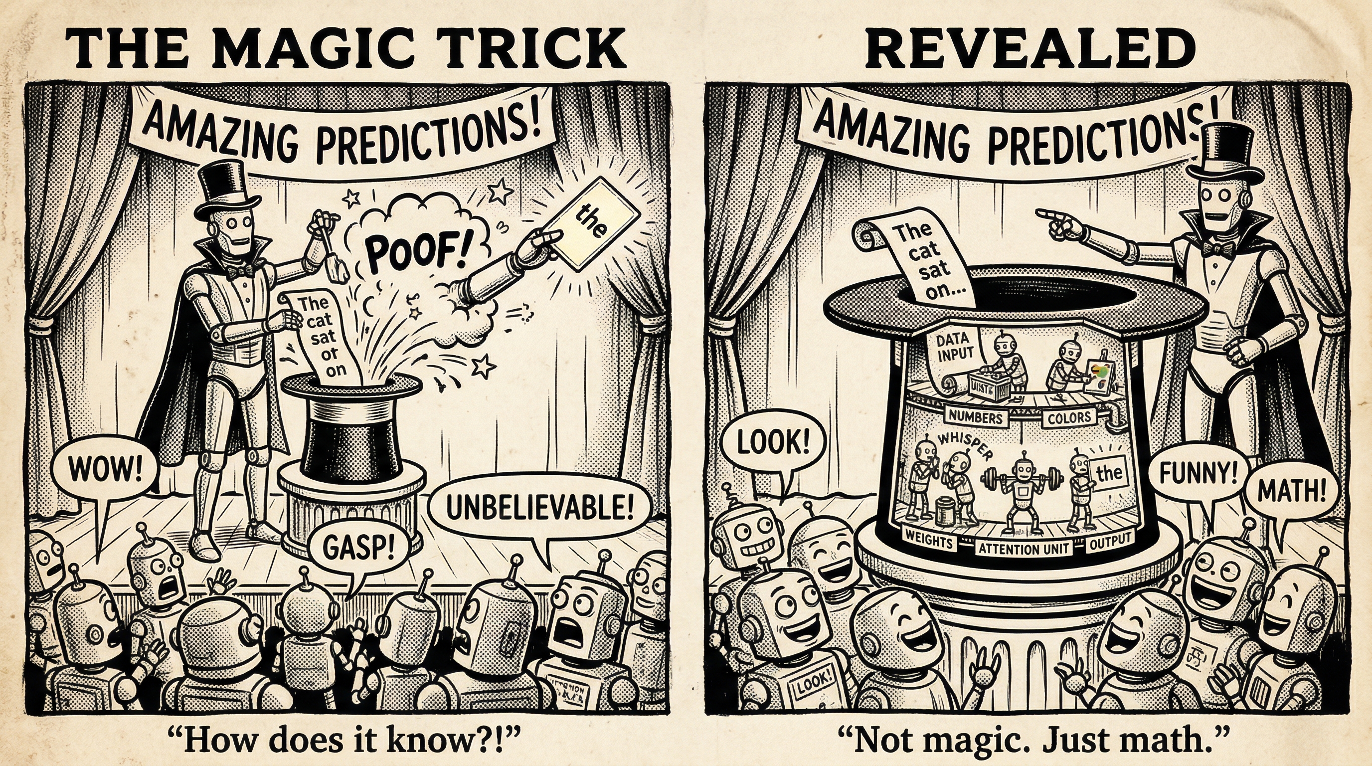 Two-panel comic: 'The Magic Trick' shows a magician robot on stage dropping 'The cat sat on' into a top hat, producing 'the' in a puff of smoke while the audience gasps 'How does it know?!'; 'Revealed' shows the same hat in cross-section with tiny worker robots inside at labeled stations (Numbers, Colors, Whisper, Weights, Attention Unit, Output), and the audience laughs 'Not magic. Just math.'