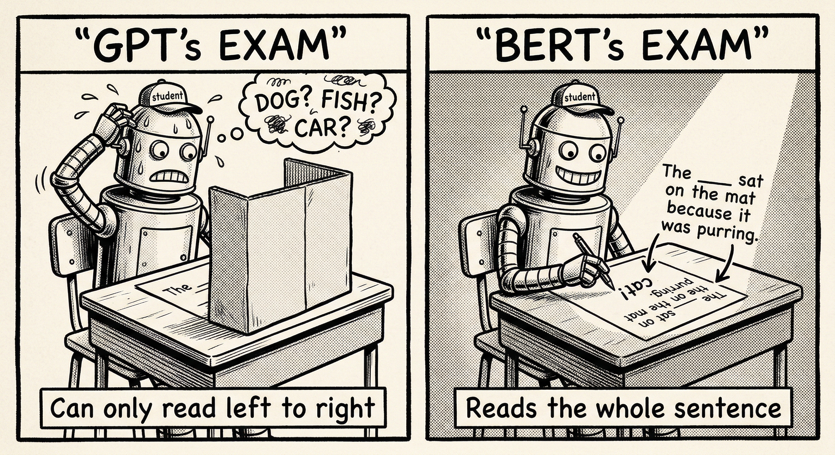 Two-panel comic: 'GPT's Exam' shows a robot student at a desk with a cardboard shield blocking the right side of the sentence, only seeing 'The ___', sweating and guessing 'Dog? Fish? Car?', captioned 'Can only read left to right'; 'BERT's Exam' shows the same robot with no shield, reading the full sentence 'The ___ sat on the mat because it was purring', confidently writing 'cat!', captioned 'Reads the whole sentence'