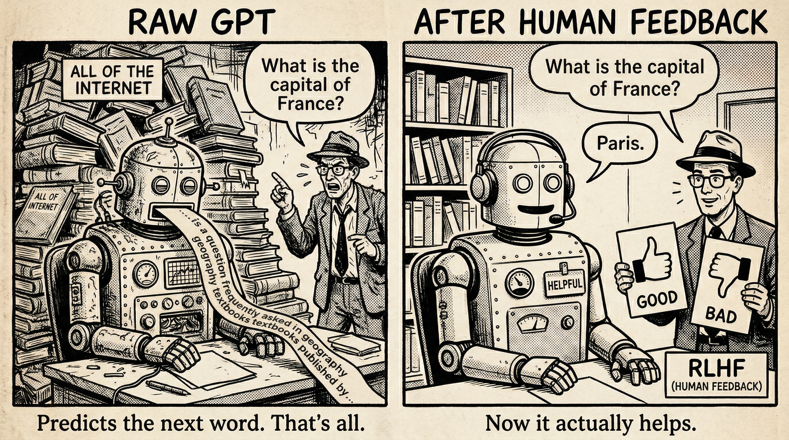 Two-panel comic: 'Raw GPT' shows a robot buried in books labeled 'All of the Internet', asked 'What is the capital of France?' but spewing a ticker tape of text '...is a question frequently asked in geography textbooks published by...', captioned 'Predicts the next word. That's all.'; 'After Human Feedback' shows the same robot now wearing a headset and 'Helpful' badge, calmly answering 'Paris.' while a human holds up RLHF good/bad cards, captioned 'Now it actually helps.'
